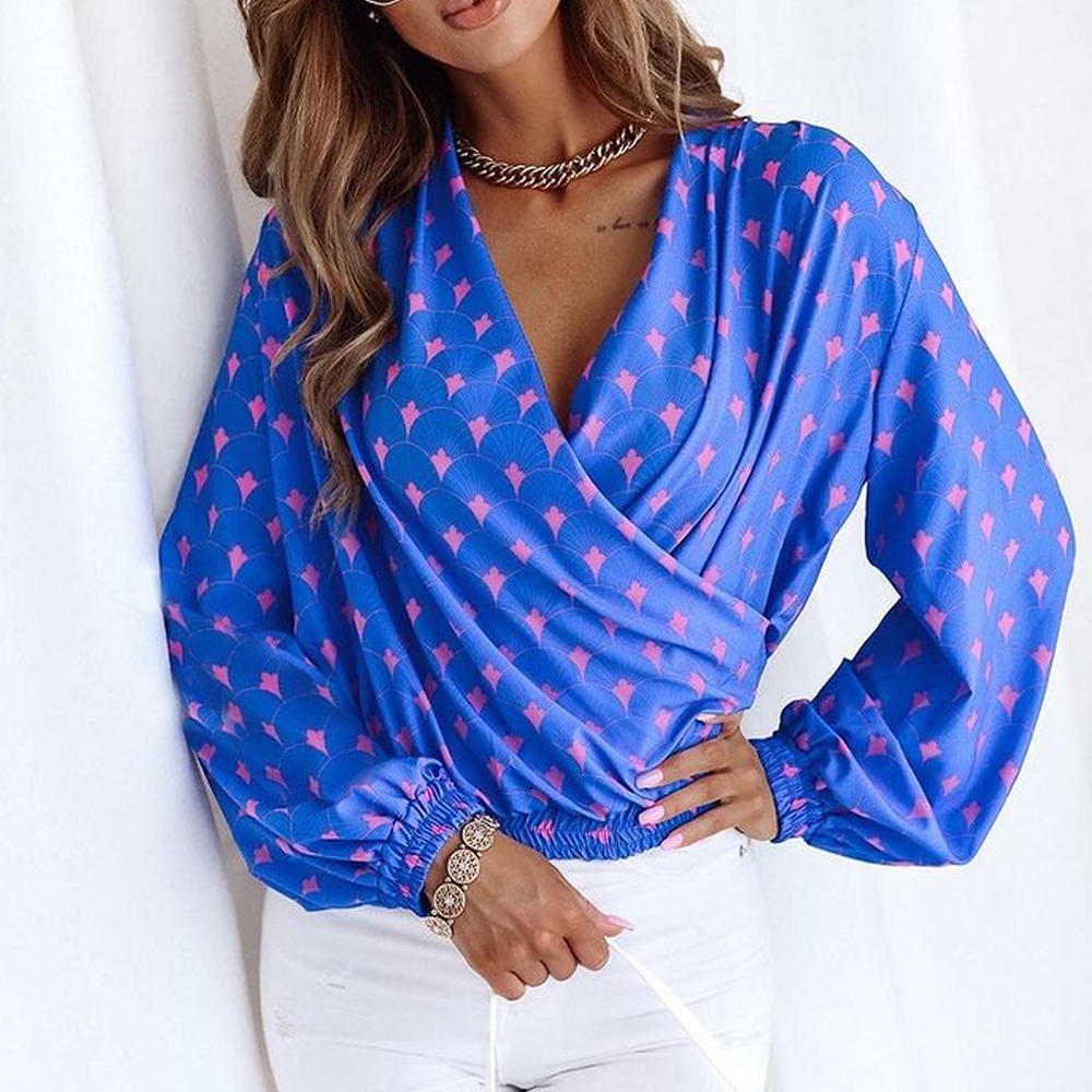 Geo Art Print Wrap V neck Long Sleeve Blouses