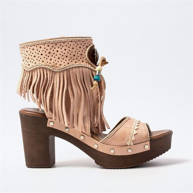 Ladies Vintage Ethnic Fish Mouth Suede Clog Sandals