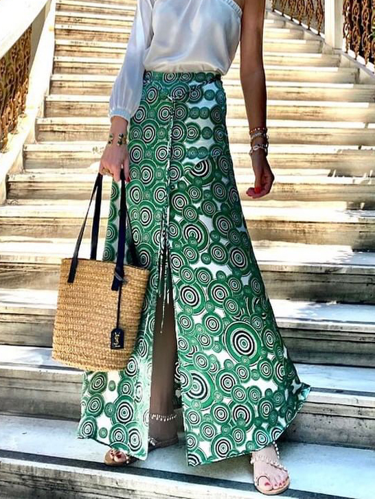 Resort Green Geometric Print Slit Tie High Waist Skirt