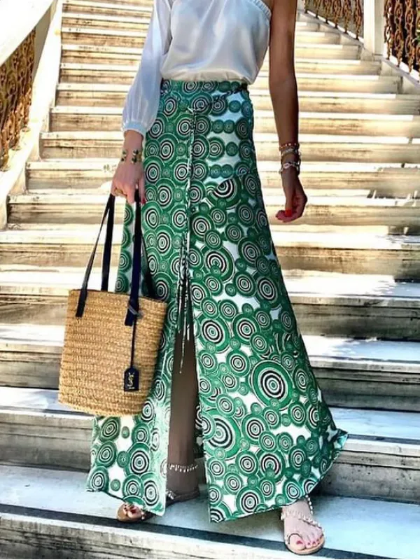 Курортная зеленая юбка с высокой талией и завязками с геометрическим принтом - Funluc.com 