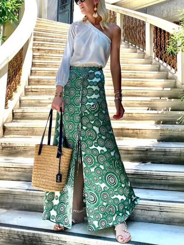 Resort Green Geometric Print Slit Tie High Waist Skirt - Machoup.com 