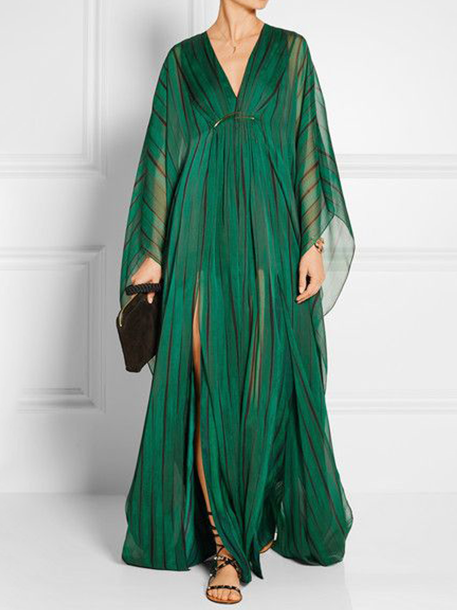 Women's Elegant Gorgeous Green Bronzed Striped Tulle Slit Maxi Dress