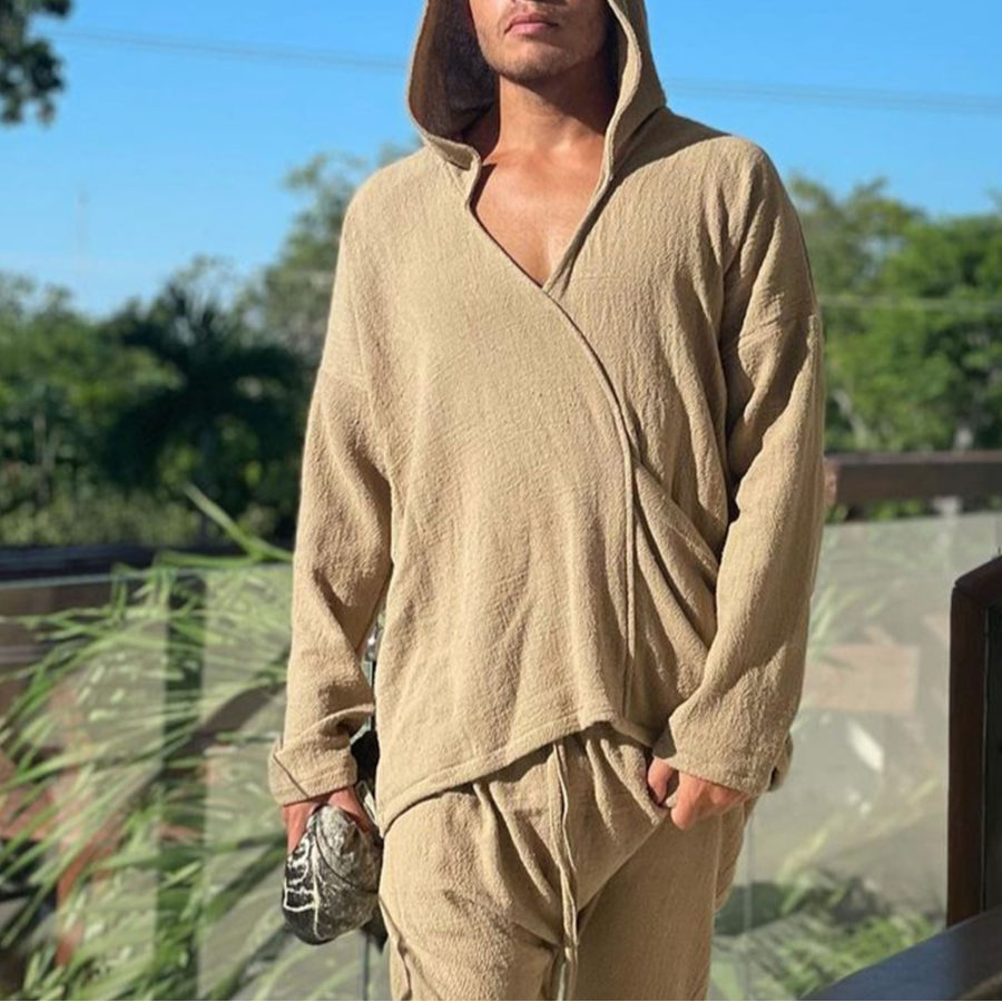 

Men's Cotton Linen Long Sleeve Hooded Shirt