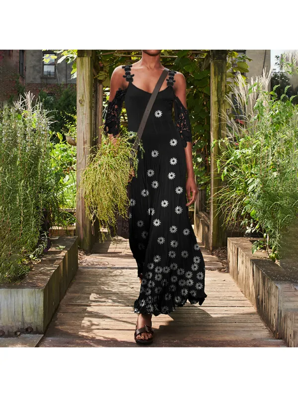 Floral-print Off-the-shoulder Lace-trimmed Short-sleeve Maxi Dress - Machoup.com 