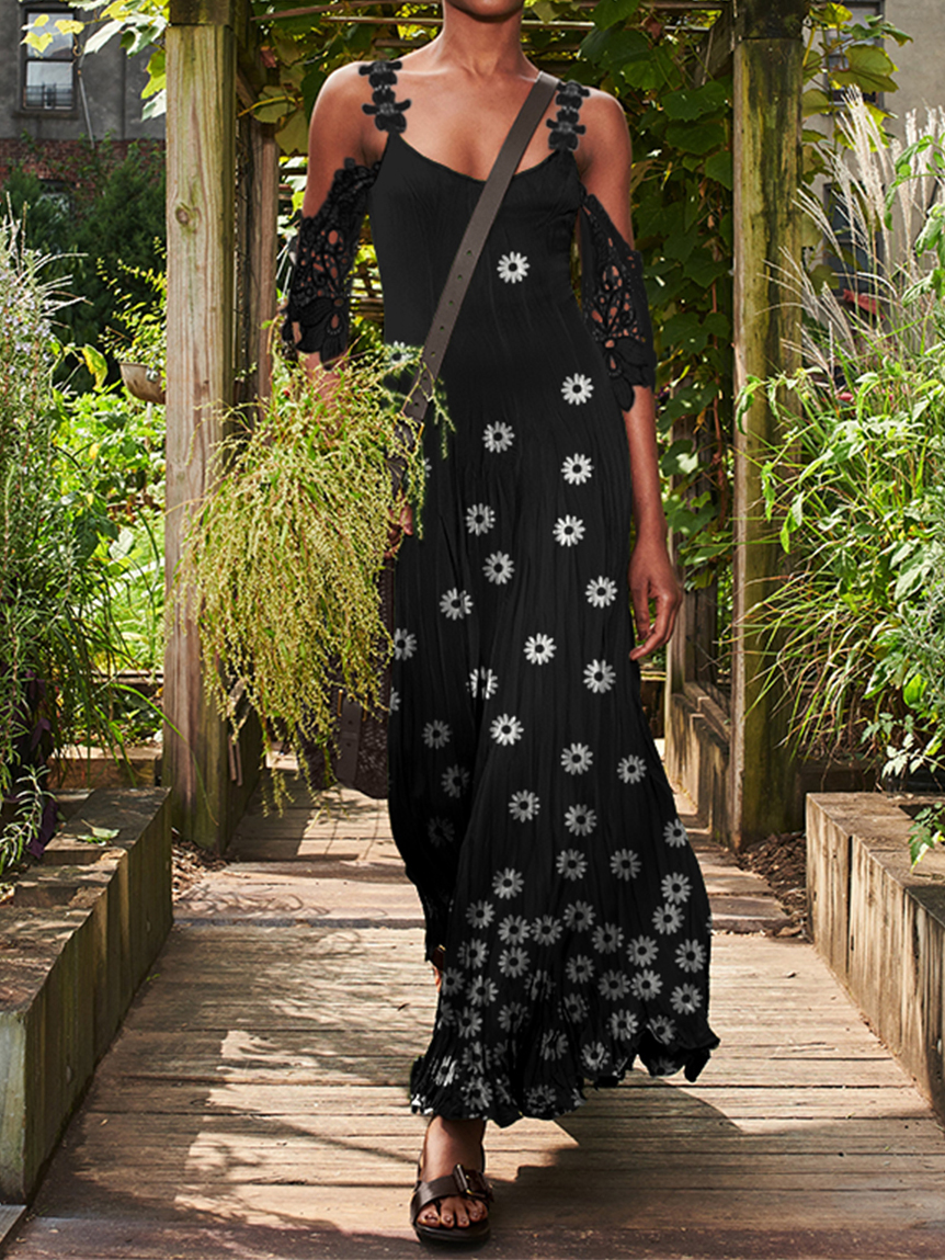 Floral print Off the shoulder Lace trimmed Short sleeve Maxi Dress