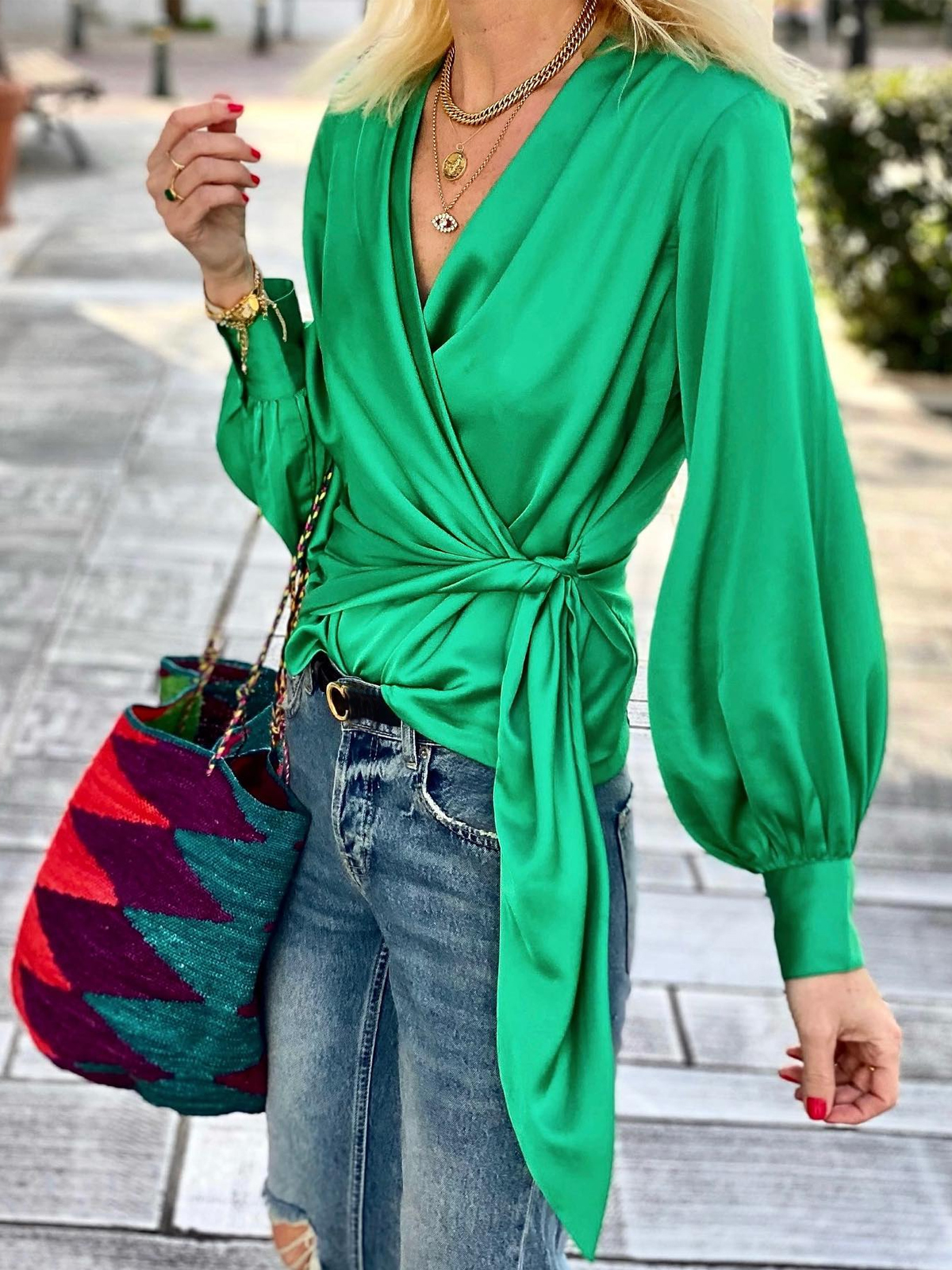 Satin Green Color V neck Belted Wrap Blouses