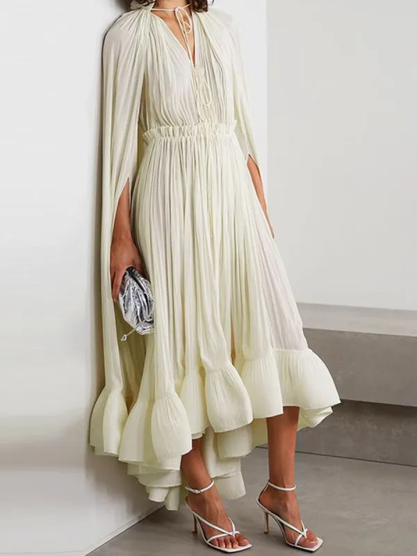 Women's Fashion Cotton Linen Pleated Long Sleeve Slit Ruffle Dress - Viewbena.com 