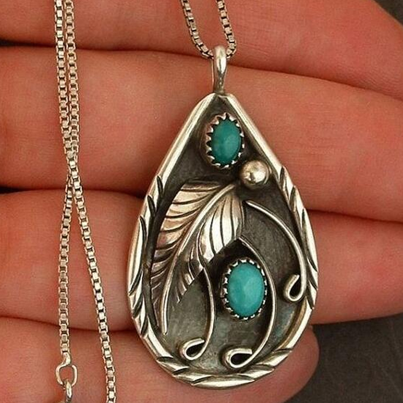 Vintage Inlaid Turquoise Feather Necklace Pendant