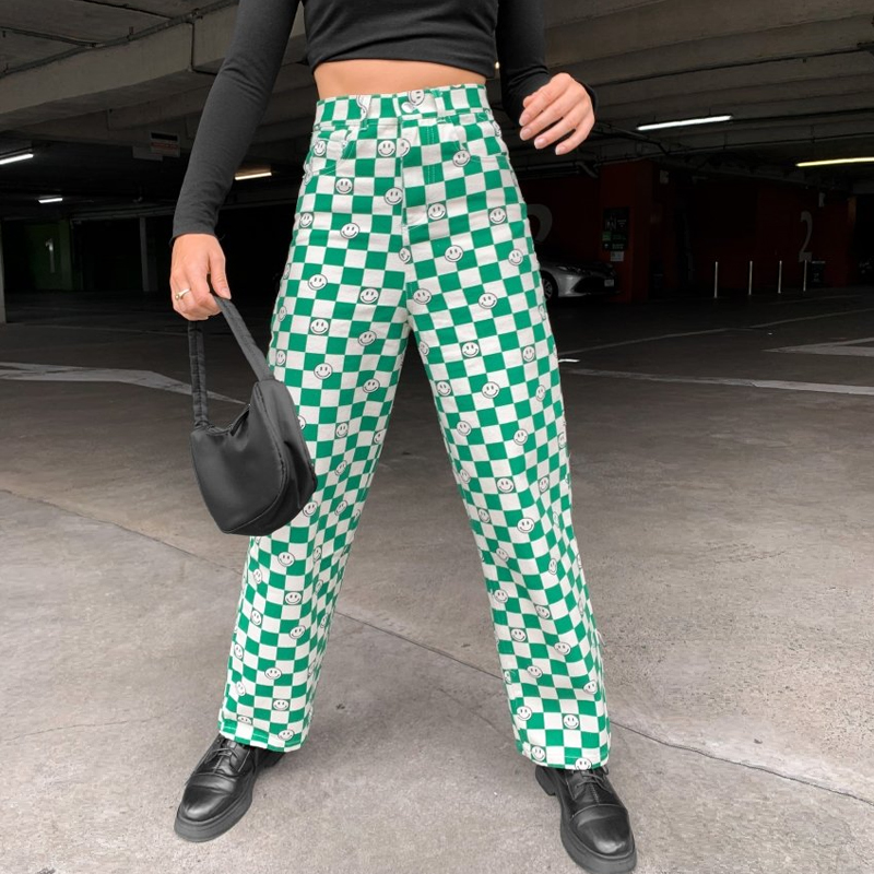 Retro Checkerboard Smile Face Casual Jeans