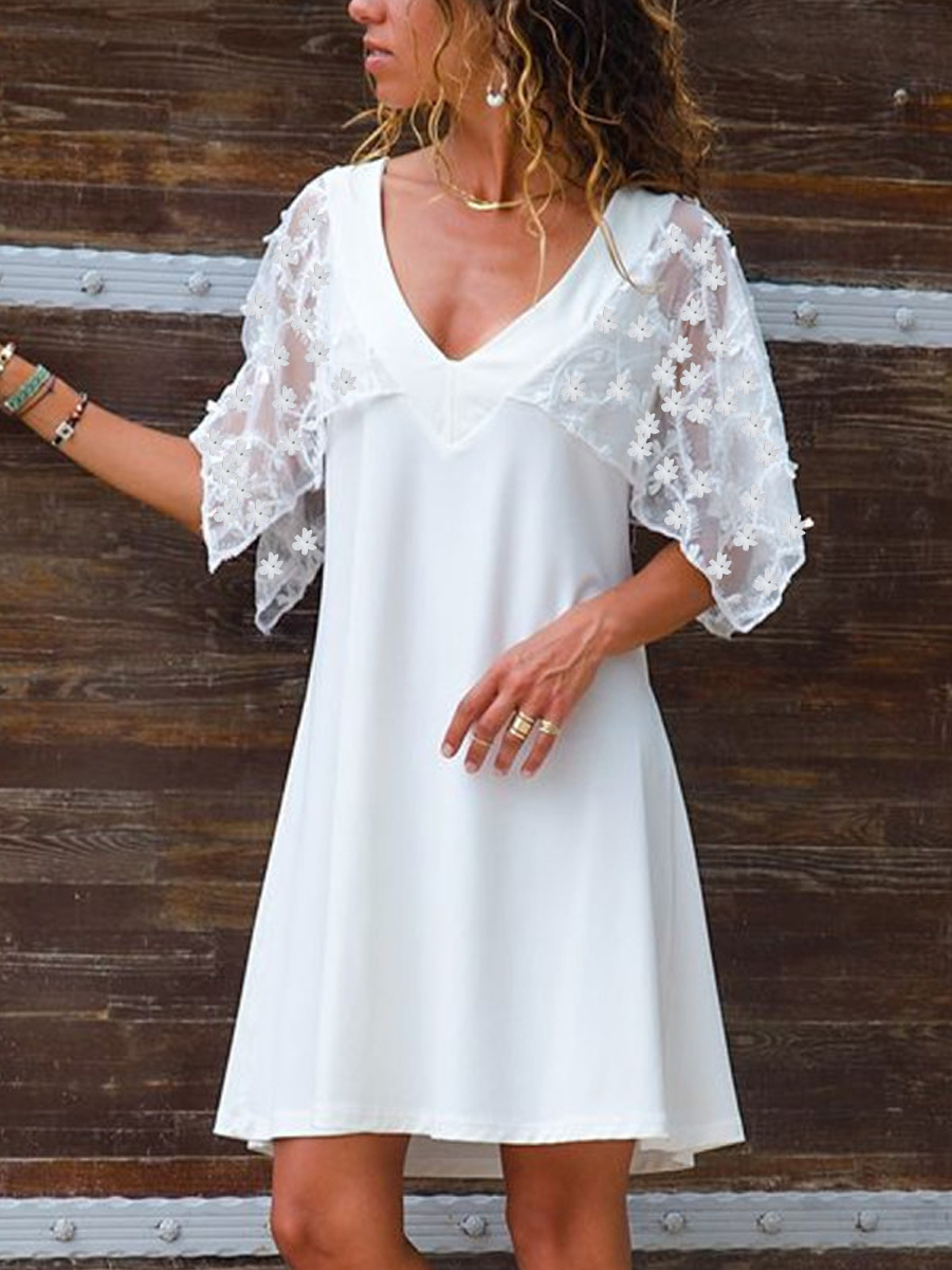 V neck Short Sleeve Solid Color Dress