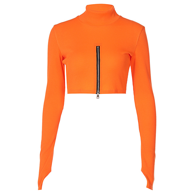 European And American Cross border Women's Clothing 2022 New Fashion Sexy Long sleeved High neck Chest Zipper Long sleeved Crop Top Wholesale