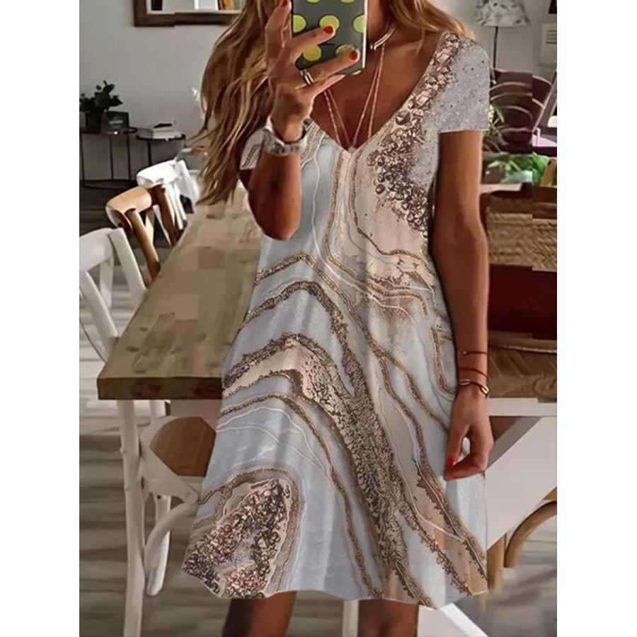 

Loose Casual Marbling Print V-Neck Short Sleeve Short Dress