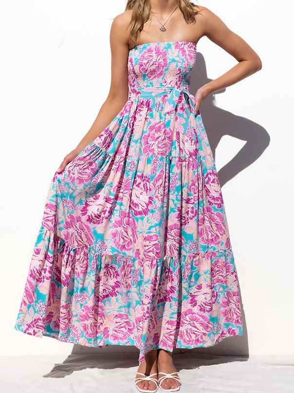 Floral Print Wrap Bust Sexy Backless Lace Up Dress Maxi Dress