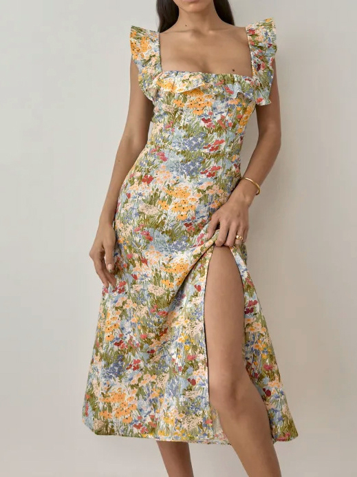 High Waist Print Sling Floral Print Sexy Slit Dress