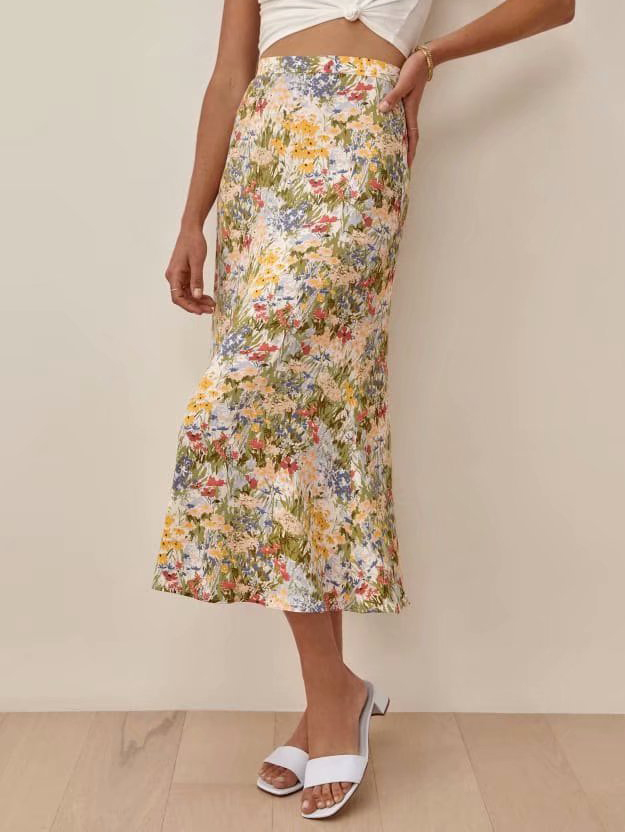 Yellow Floral High Waist Slim Print Skirt