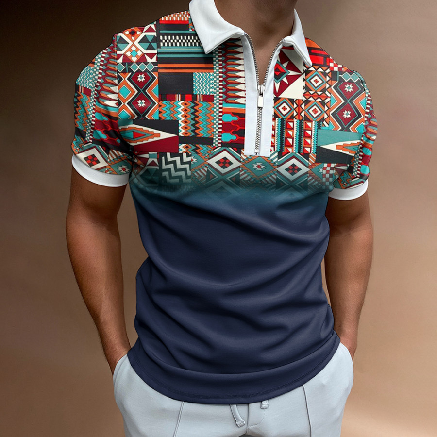 

Men's Casual Western Ethnic Pattern Print Short Sleeve Zipper Polo Shirt