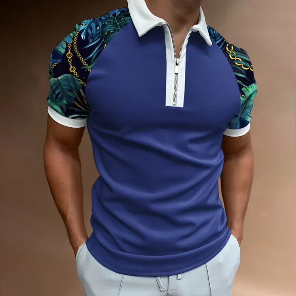 Men's Casual Chain Pattern Print Color Matching Short Sleeve Zipper Polo Shirt - Fineesa.chimpone.com 