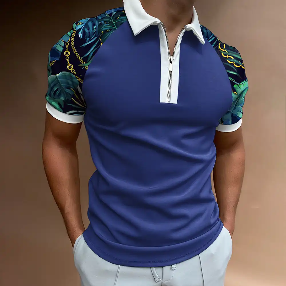 Men's Casual Chain Pattern Print Color Matching Short Sleeve Zipper ...