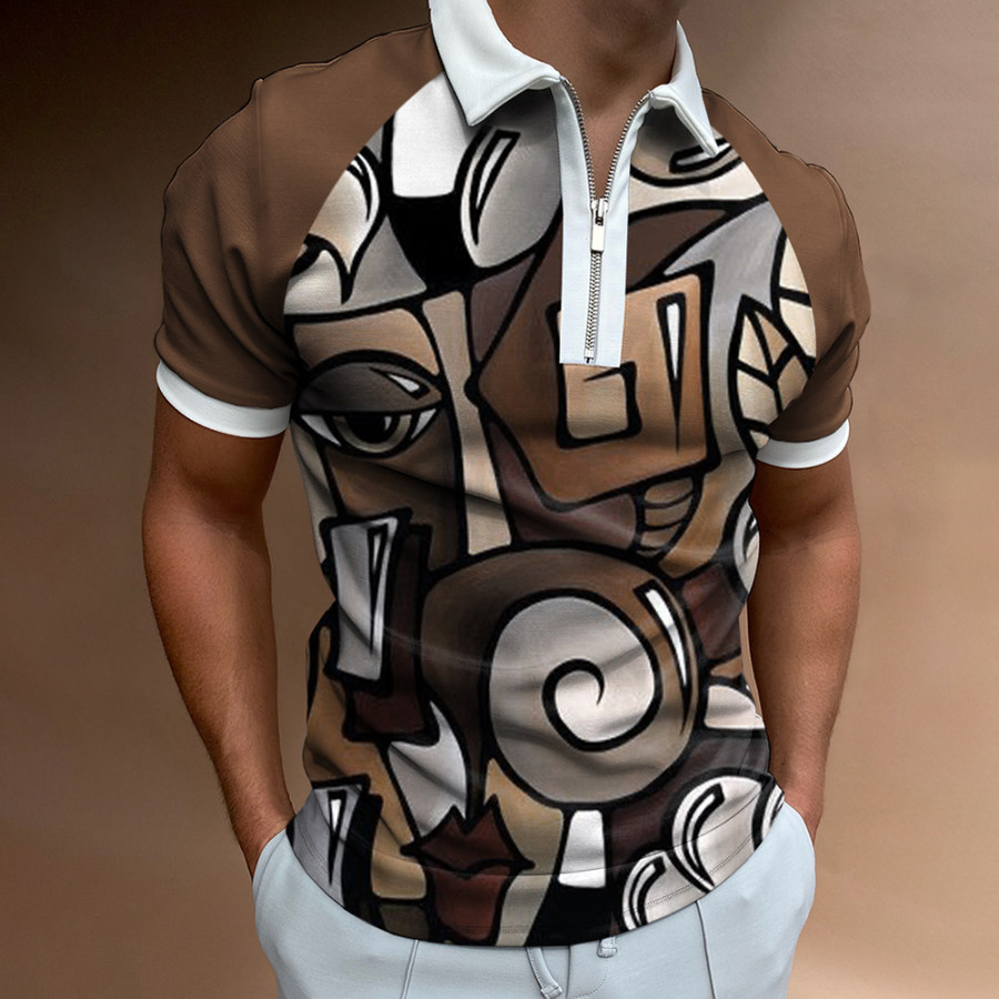 

Men's Casual Abstract Pattern Print Short Sleeve Zipper Polo Shirt