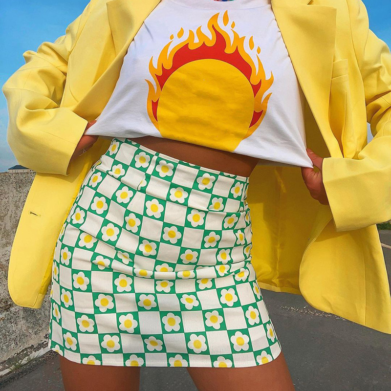 Plaid Flower Print High Waist Hot Girl Package Hip Skirt