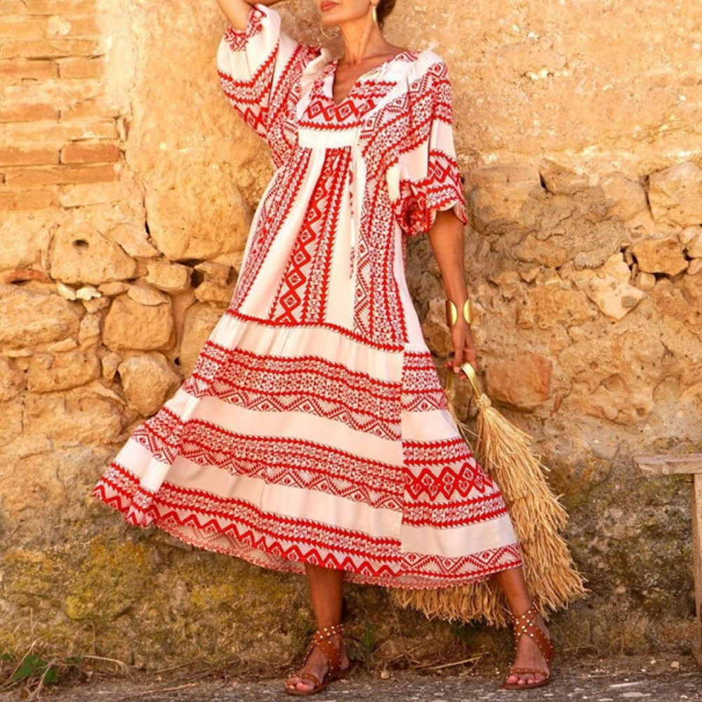 Geo Print V neck Maxi Dress Boho Style