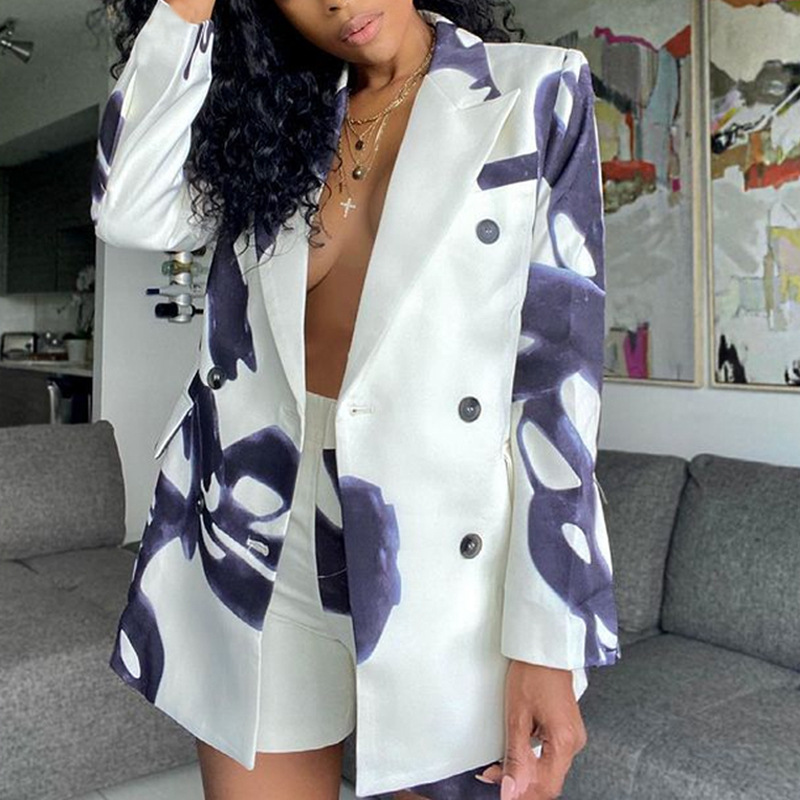 Art Floral Print Blazer And Short Pants Suit