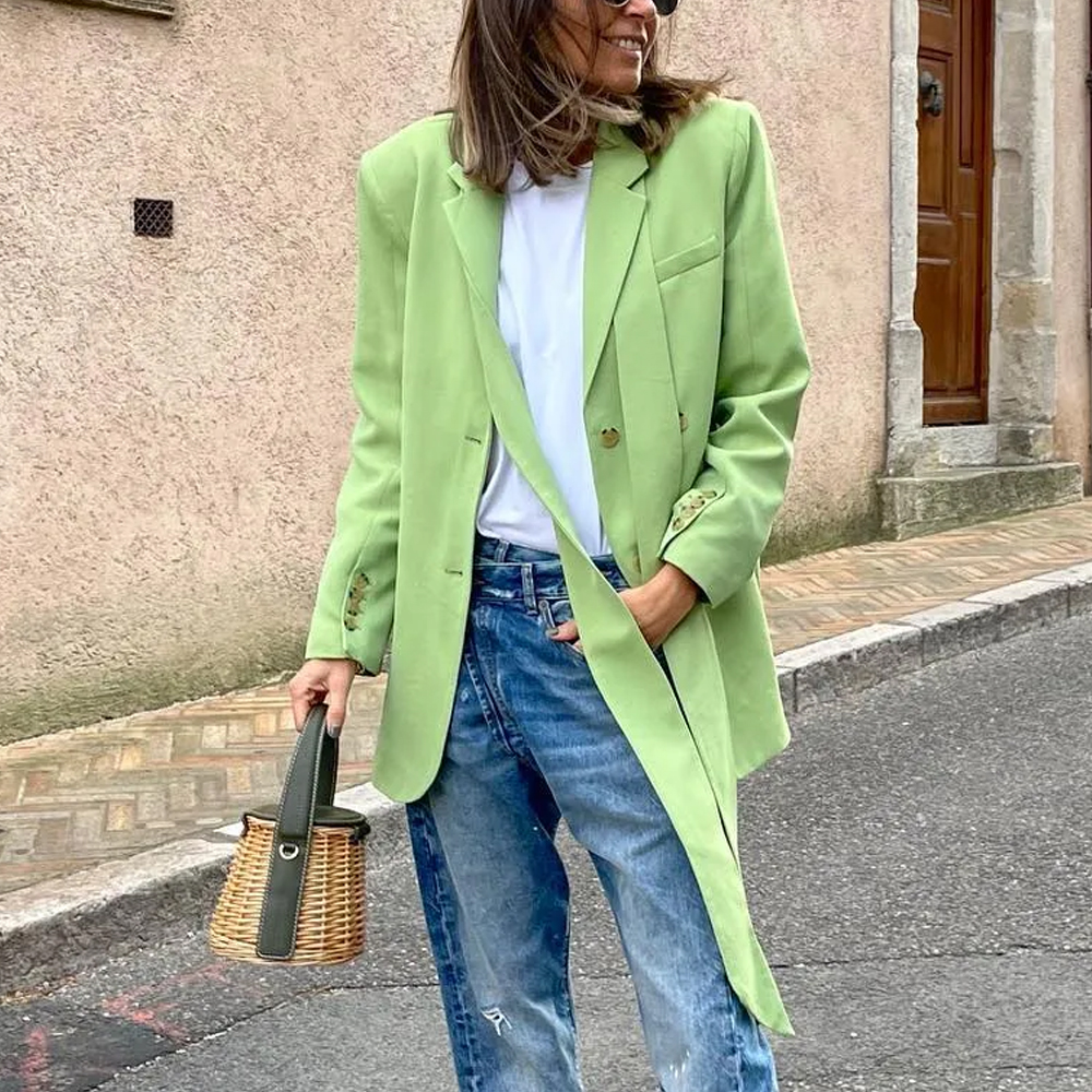 Green Color Button And Tie Blazer