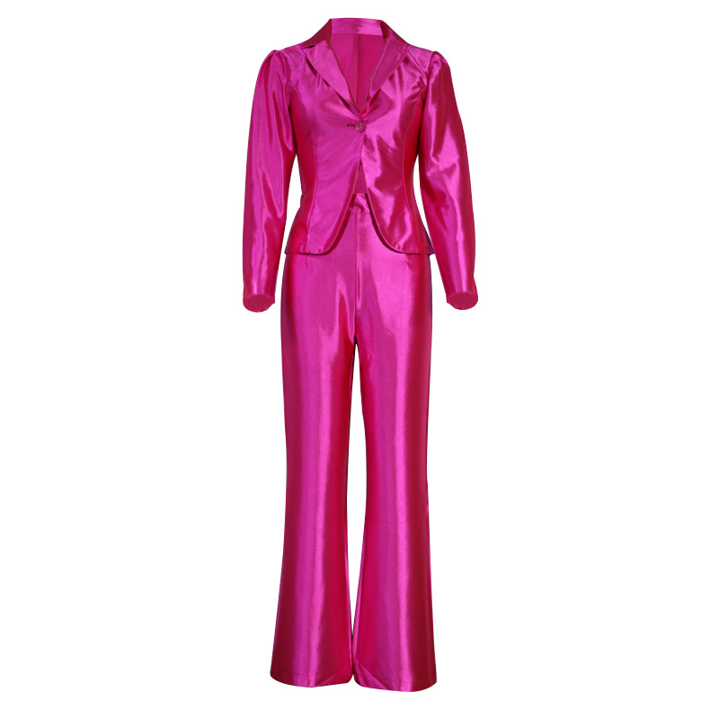Solid Color Satin Button Blazer And Flared Pants Suit
