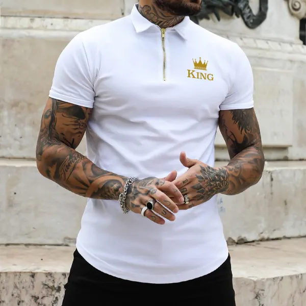 Men's Casual Crown King Print Slim Fit Short Sleeve Zipper Polo Shirt - Nikiluwa.com 