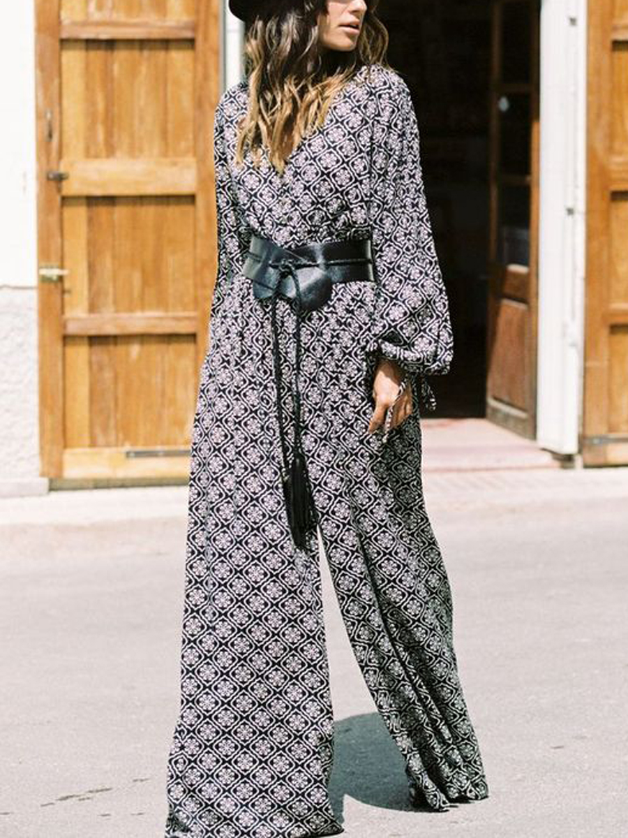 Women's Fashion Casual Print V Neck Balloon Sleeve High Waist Jumpsuit