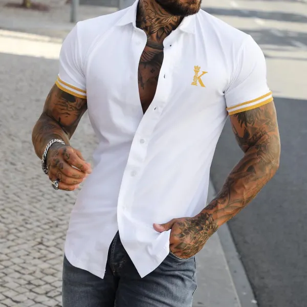 Мужская мода Crown K Print Color Matching Повседневная тонкая рубашка с коротким рукавом - Paleonice.com 