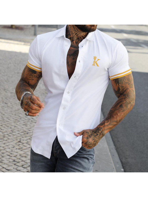 Men's Fashion Crown K Print Color Matching Casual Slim Short Sleeve Shirt