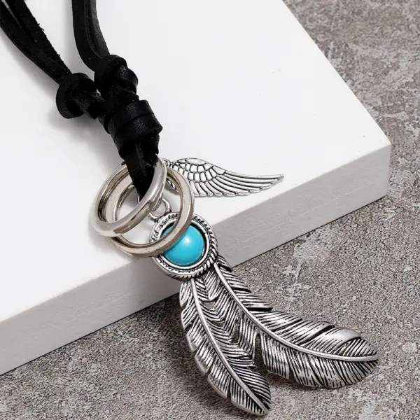 Retro Leather Rope Feather Necklace - Villagenice.com 