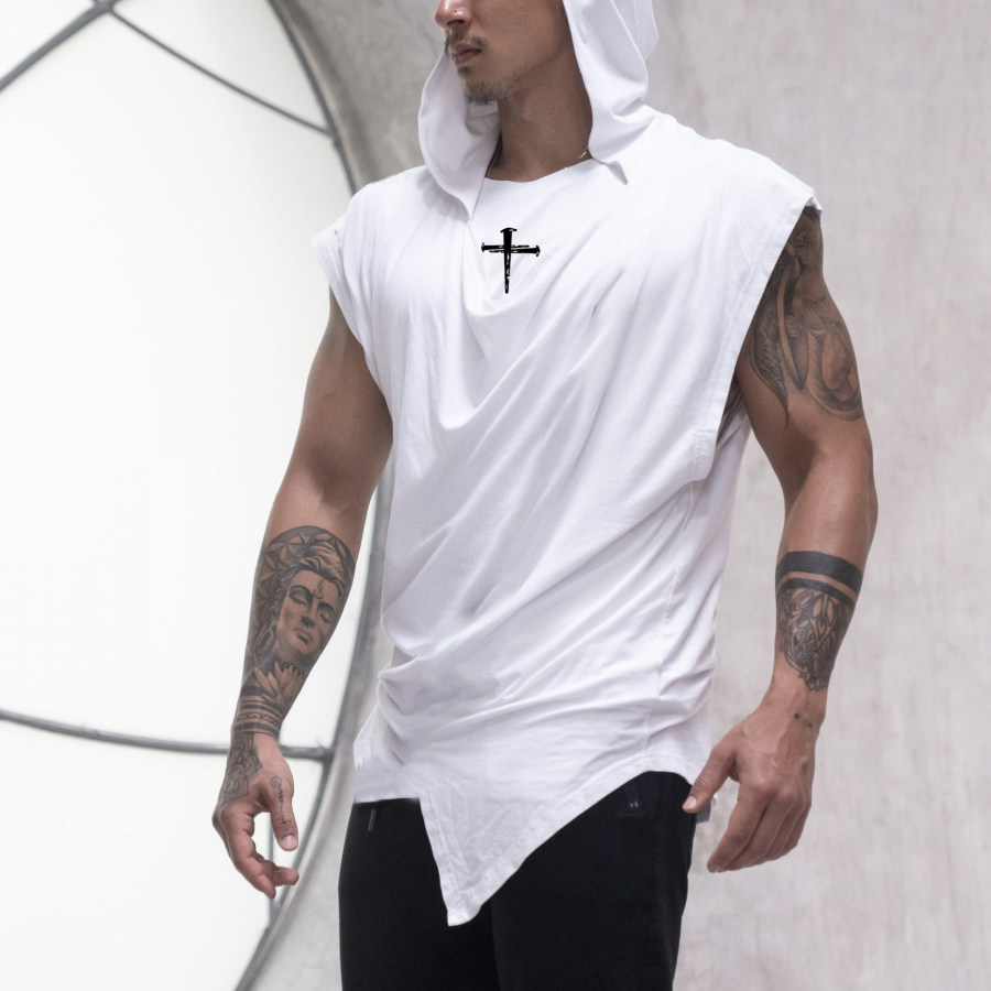 

Men's Trendy Tank Top Jesus Cross Printed Everyday Casual Fitness Sleeveless Hooded T-Shirt