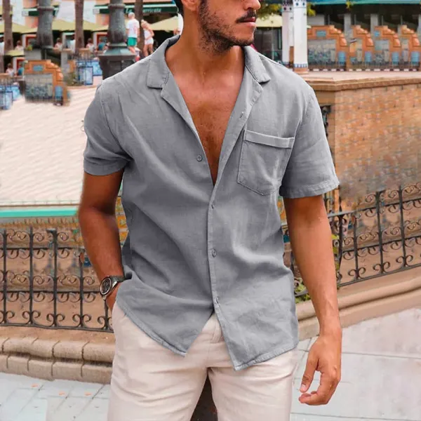 Men's Breathable Solid Color Short Sleeve Loose Cotton Shirt - Fineyoyo.com 