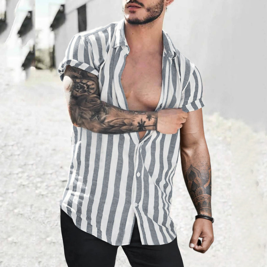 

Summer Men's Lapel Striped Cardigan Linen Loose Casual Short Sleeve Shirt