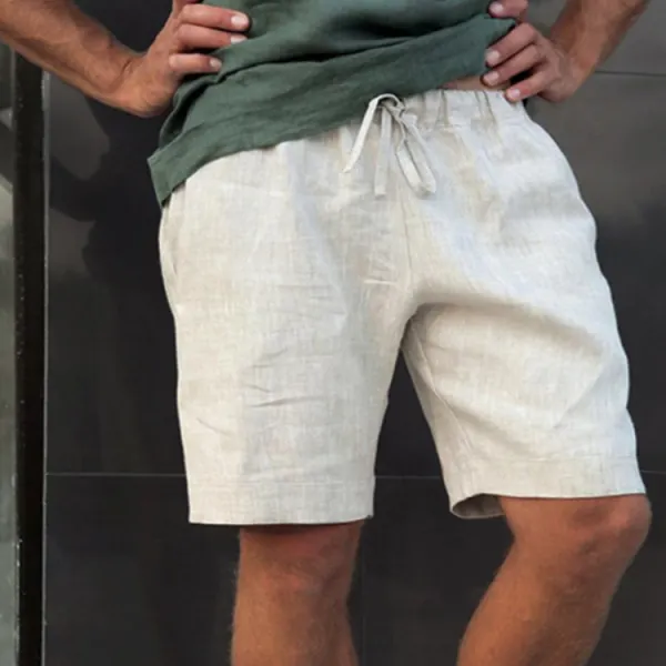 Men's Summer Loose Lace-Up Five-Point Pants Solid Color Linen Shorts - Mosaicnew.com 