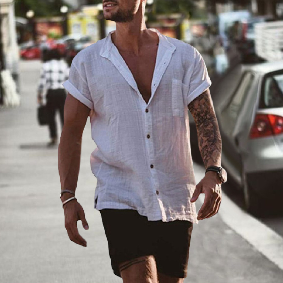 

Men's Linen Loose Short Sleeve Pocket Simple Casual Shirt