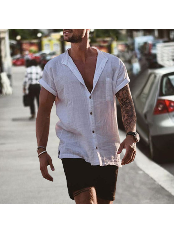 Men's Linen Loose Short Sleeve Pocket Simple Casual Shirt