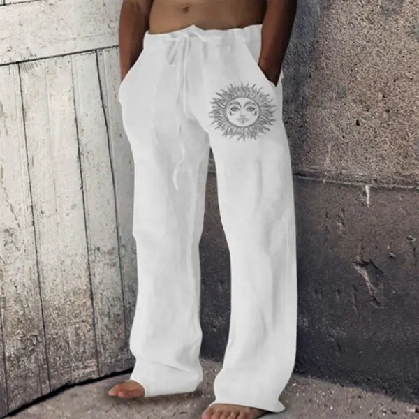Men's Printed Loose Straight Cotton Linen Drawstring Casual Pants - Mosaicnew.com 