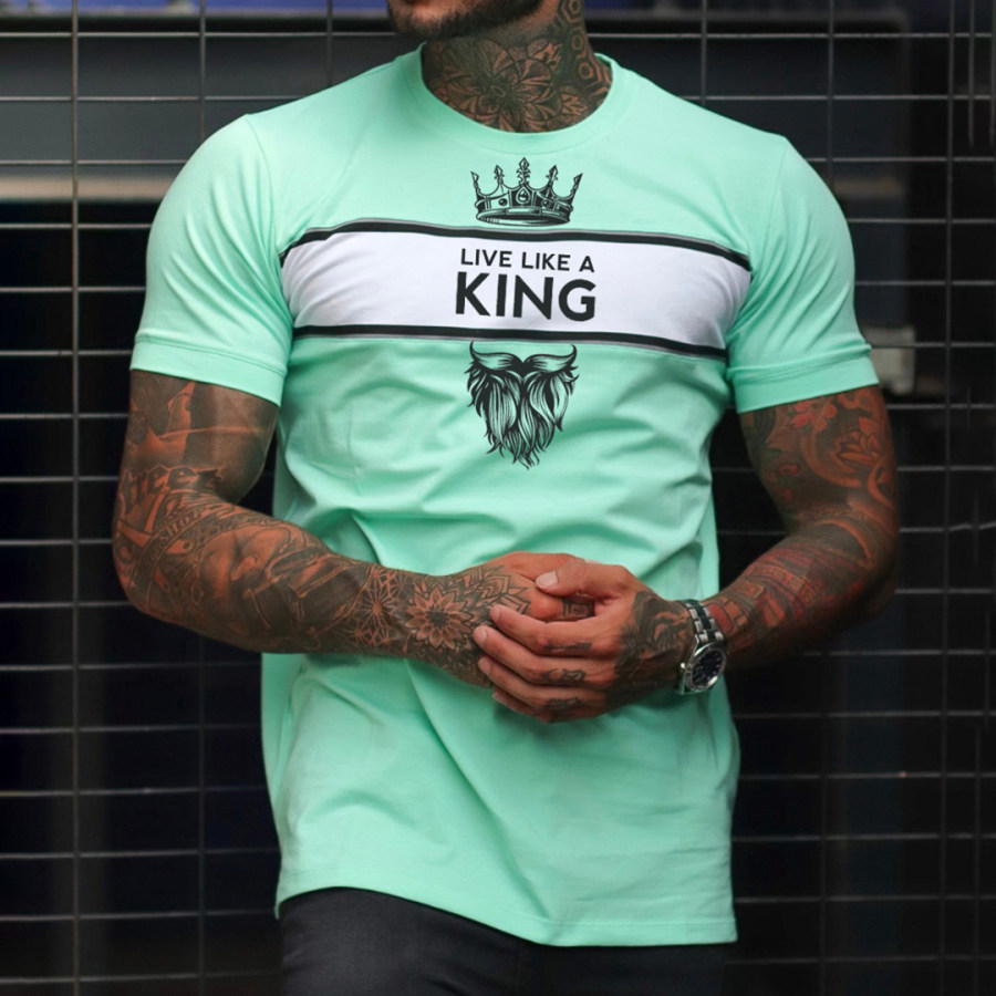 Men's Fashion Live Like A King Print Color Matching Casual Slim Fit Short Sleeve T-Shirt