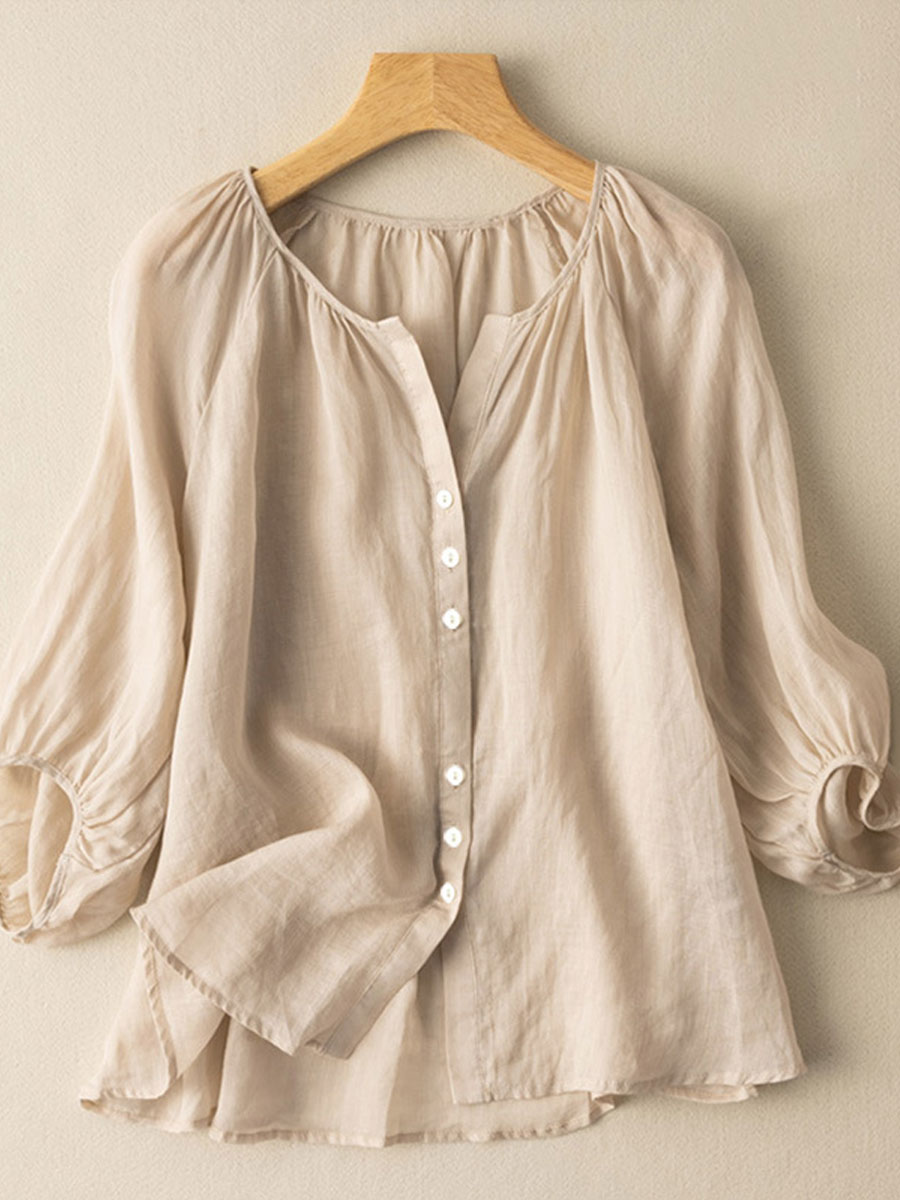 Round Neck Casual Loose Solid Color Long Sleeve Blouse