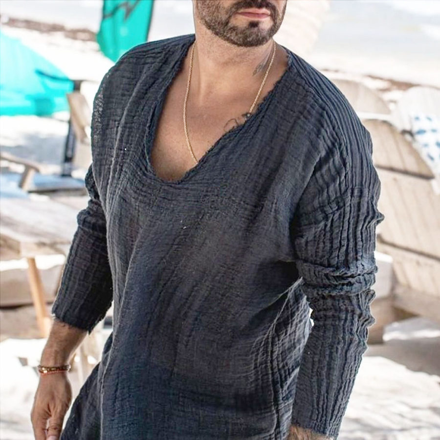 

Men's Linen Holiday Plain Round Neck Long Sleeve Shirt