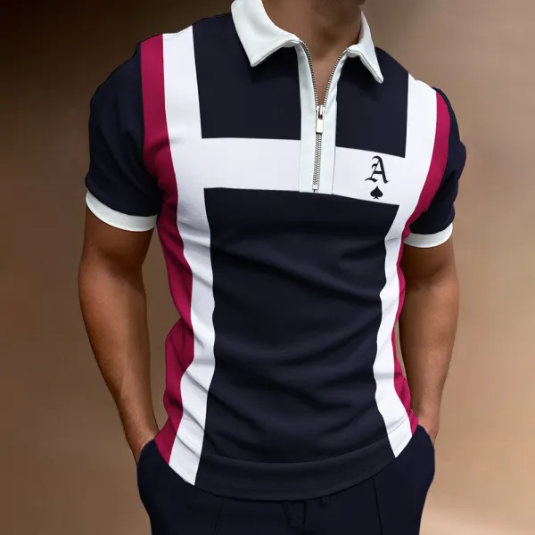 Men's Fashion Zipper Polo Shirt Ace Of Spades Stripe Print Casual T-Shirt - Sanhive.com 