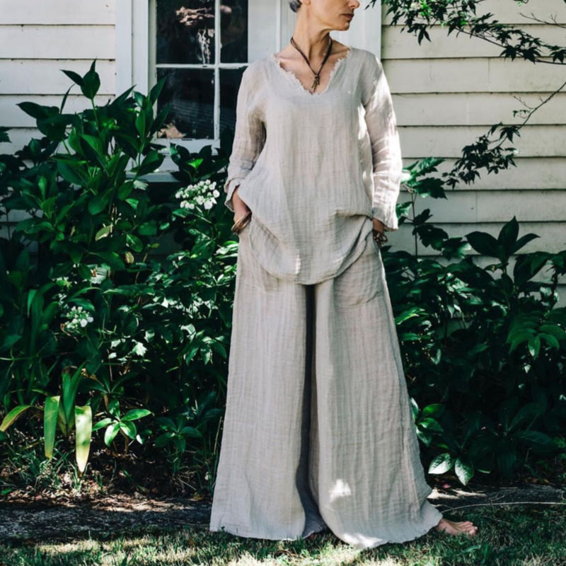 Ladies Linen V Neck Long Sleeve Shirt