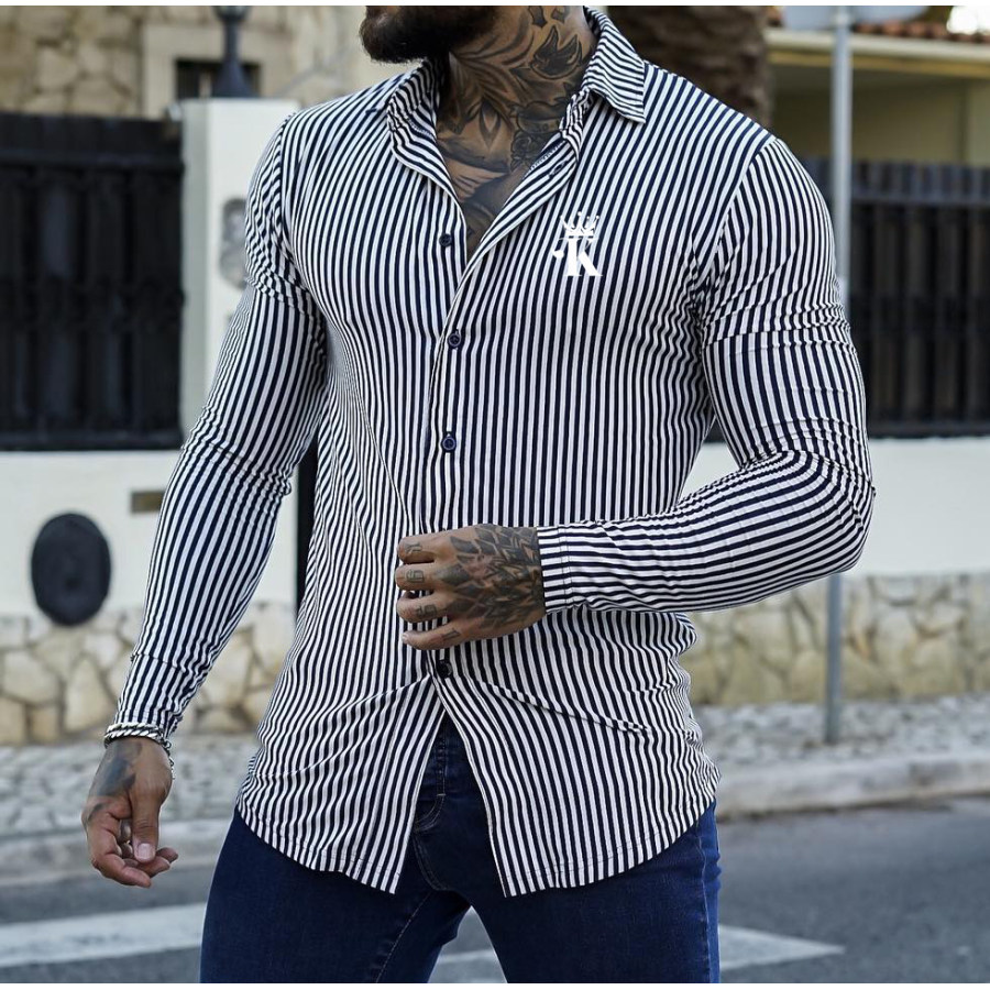 

Men's Fashion Crown King Print Casual Shirt Slim Long-sleeved Stripe Cardigan