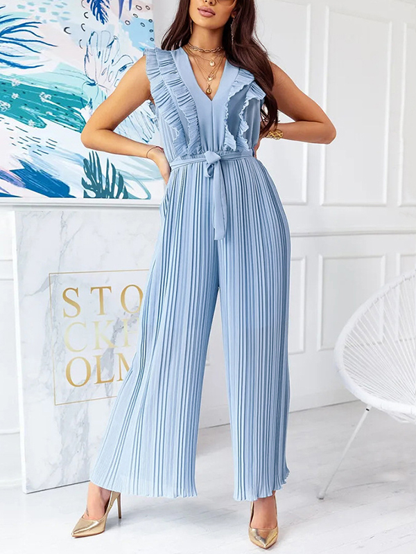 Ladies Elegant High Waist Pleated One Piece Casual Pants Wide Leg Pants