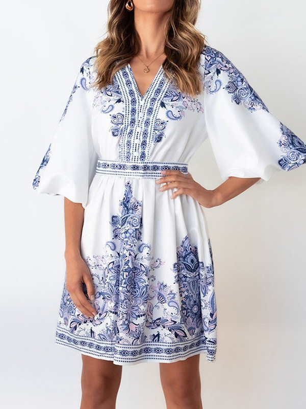Women's Elegant Balloon Sleeve Vintage Print V Neck Short Dress