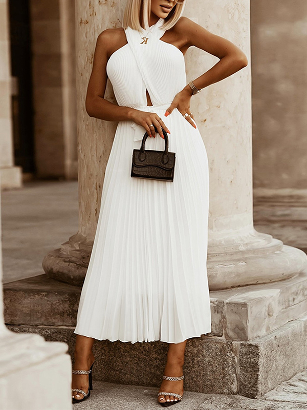 Ladies Elegant New Cross Wrap Chest Pleated Exclusive Casual Dress Women