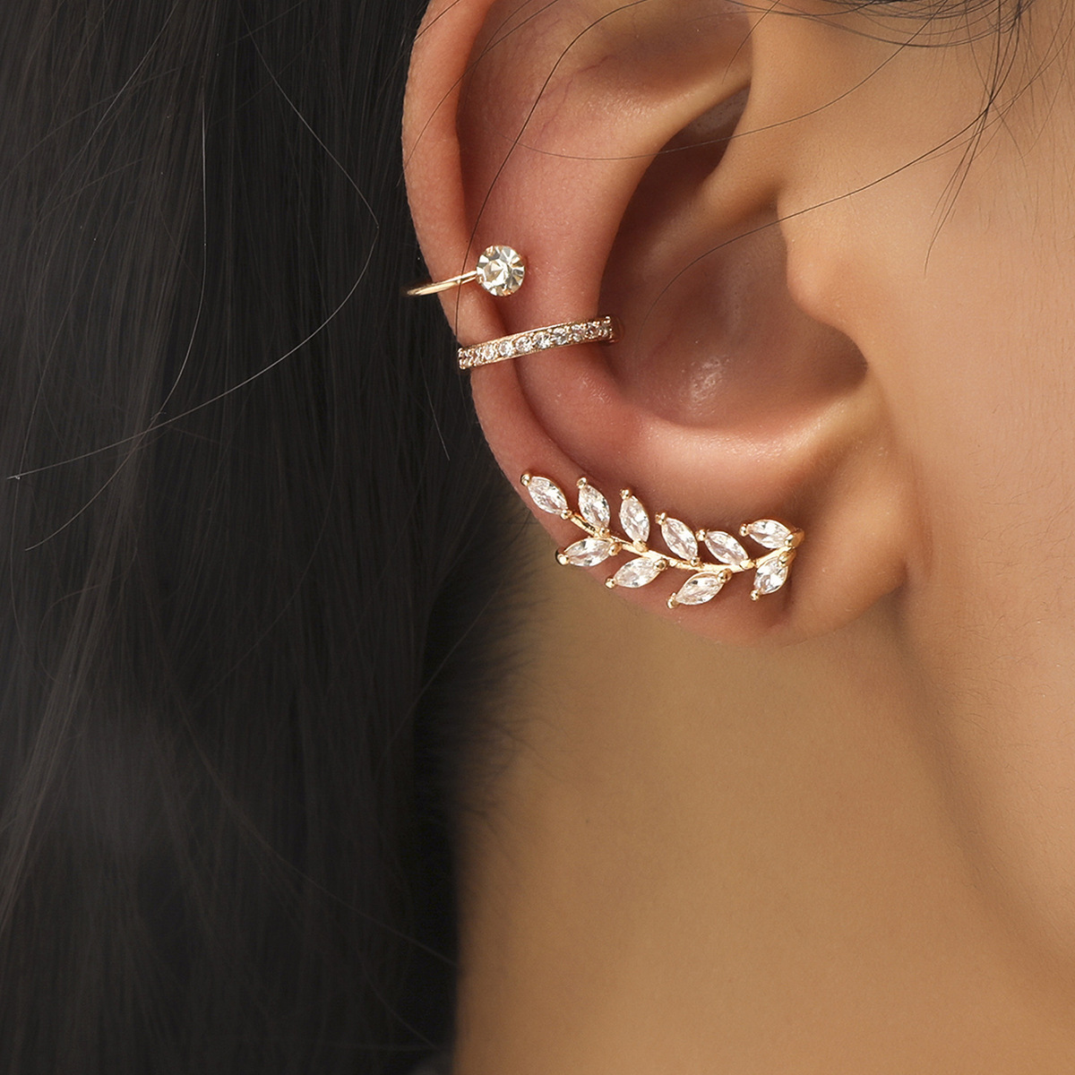 Star Small Diamond Ear Clip Leaves Flower Pearl Zircon Ear Stud Earrings Set